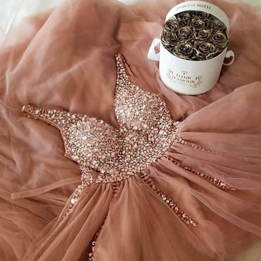 A Line Dusty Rose Long Tulle Prom Dresses Beading Bodice V Neck Formal Dress INH49