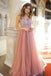 A Line Dusty Rose Long Tulle Prom Dresses Beading Bodice V Neck Formal Dress INH49