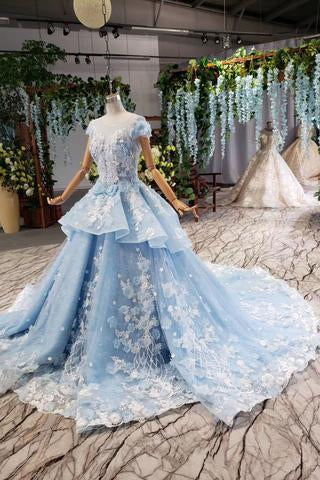 Princess Light Sky Blue Prom Dress with Flowers, Ball Gown Quinceanera Dress INP50