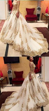V-Neck Prom Dresses With Appliques,Long Sleeves Ball Gown Wedding Dresses With Chapel Train IN499