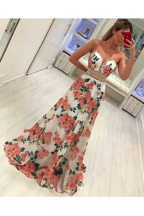 Fashion A Line Floral Spaghetti Strap Long Sleeveless Prom Dresses INJ4
