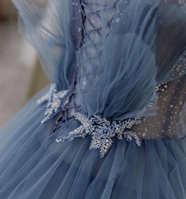 Dusty Blue Sparkly Tulle Beaded Prom Dress, Tiered Formal Gown With Rhinestone IN1932