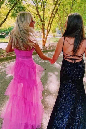 Hot Pink A Line Tulle Long Prom Dress Layered Ruffles Formal Evening Gown INDP1