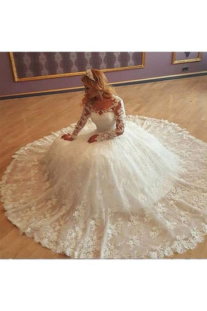 Stunning Tulle Bateau Long Sleeves Ball Gown Wedding Dress With Lace Appliques INF24