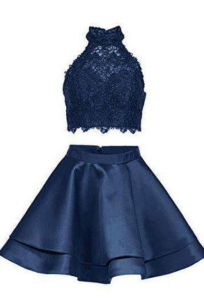 Two Piece Dark Blue Short Homecoming Dress with Lace, A Line Satin Graduation Dress INM55