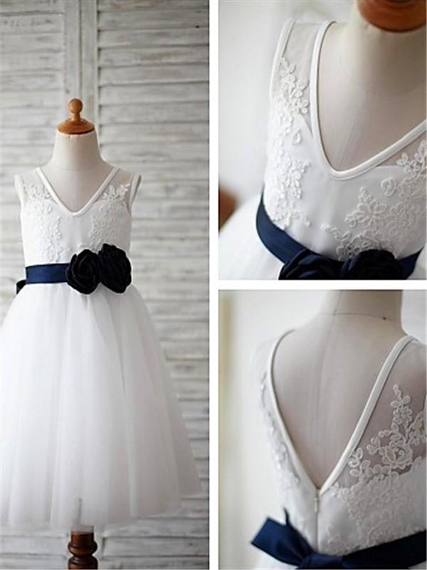 A-line V-neck Sleeveless Appliques Flower Floor-Length Tulle Flower Girl Dresses IN720