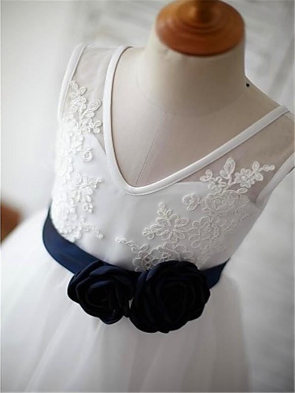 A-line V-neck Sleeveless Appliques Flower Floor-Length Tulle Flower Girl Dresses IN720