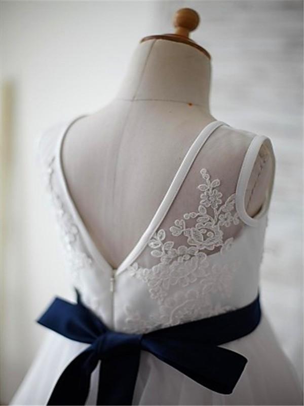 A-line V-neck Sleeveless Appliques Flower Floor-Length Tulle Flower Girl Dresses IN720