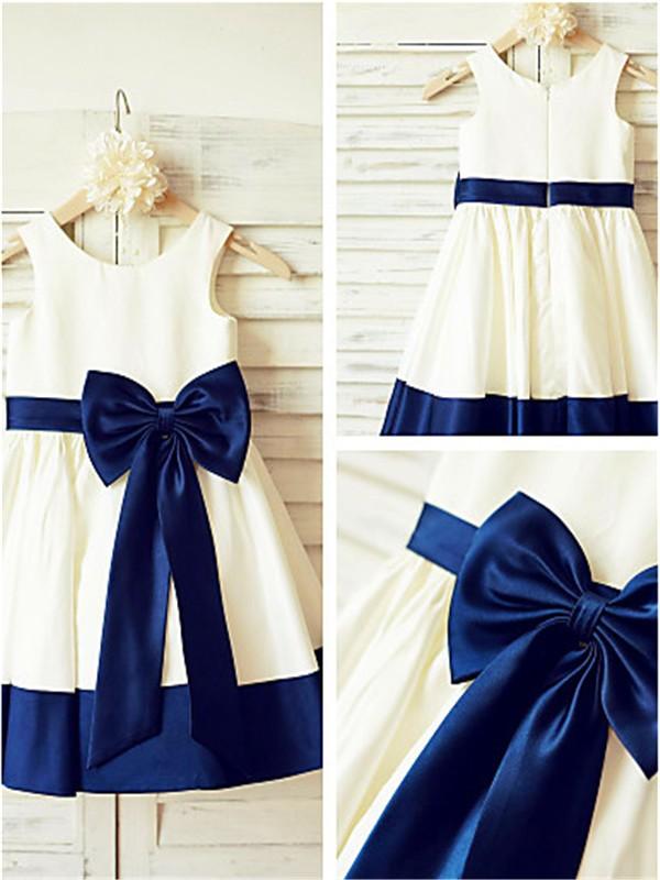 A-line Scoop Sleeveless Bowknot Tea-Length Satin Flower Girl Dresses With Blue Sash IN711