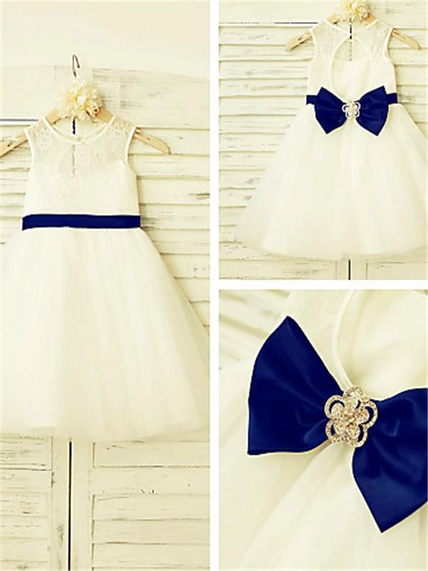 Ivory A-line Scoop Sleeveless Bowknot Floor-Length Tulle Flower Girl Dresses With Lace IN710