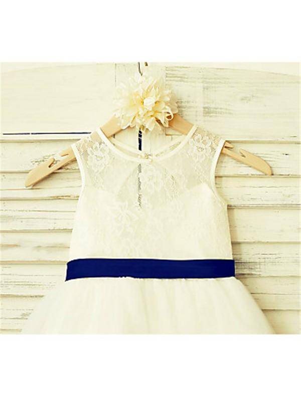 Ivory A-line Scoop Sleeveless Bowknot Floor-Length Tulle Flower Girl Dresses With Lace IN710