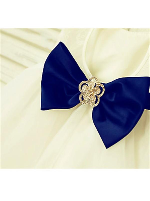 Ivory A-line Scoop Sleeveless Bowknot Floor-Length Tulle Flower Girl Dresses With Lace IN710