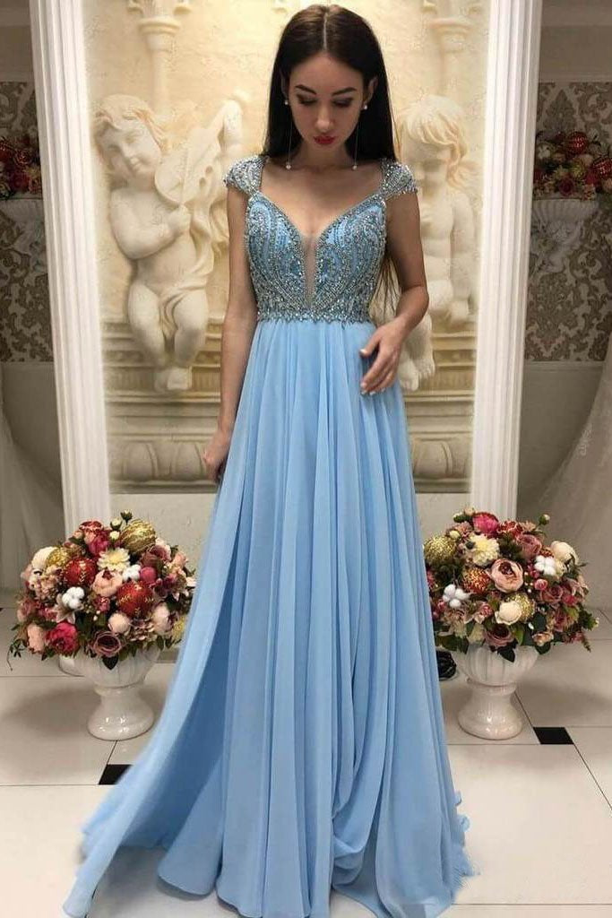 Elegant A-Line Beaded Sky Blue Prom Dresses With Cap Sleeves INO96