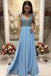Elegant A-Line Beaded Sky Blue Prom Dresses With Cap Sleeves INO96