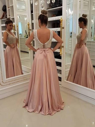 Charming Blush Pink Long Satin Prom Dresses Unique Pearls Formal Evening Dress IN10