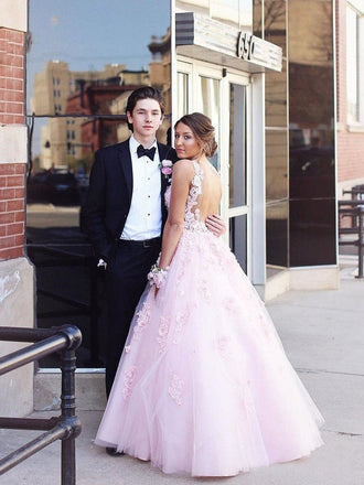 Elegant Pink Ball Gown Prom Dresses With Lace Appliques INO90
