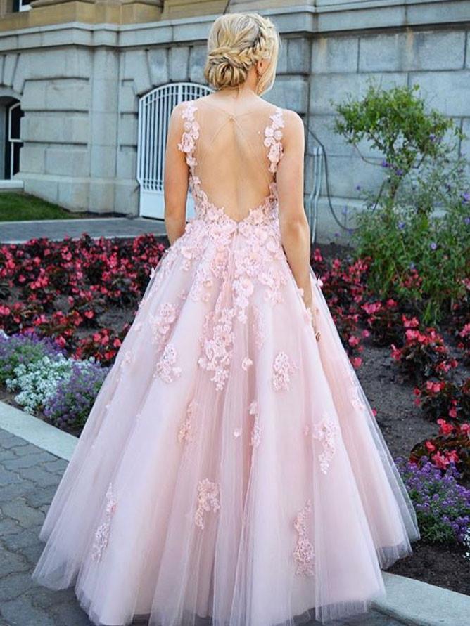 Elegant Pink Ball Gown Prom Dresses With Lace Appliques INO90