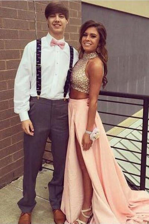 High Neck Two Piece Pink Taffeta Long  Beading Sexy Prom Dresses,2 Pieces Split Evening Dress IN158