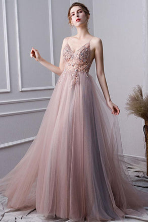 Pink A Line Spaghetti Straps Tulle Beaded Prom Dresses With Appliques INL25