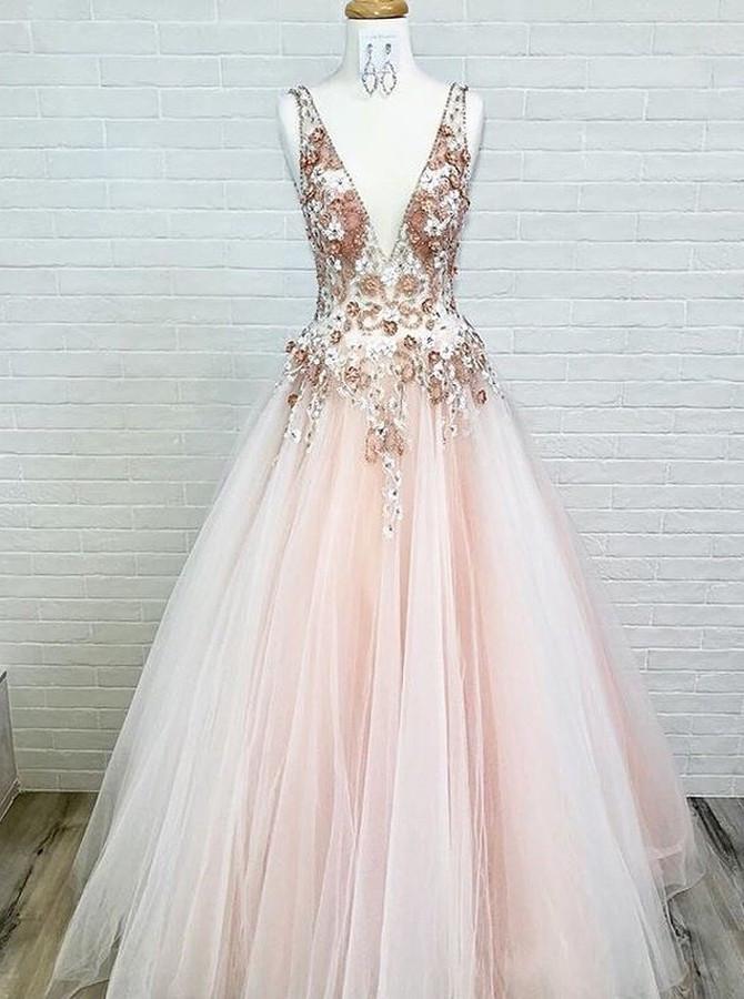 Charming A-Line V-Neck Floor-Length Pink Tulle Prom Dress with Appliques Beading INI68