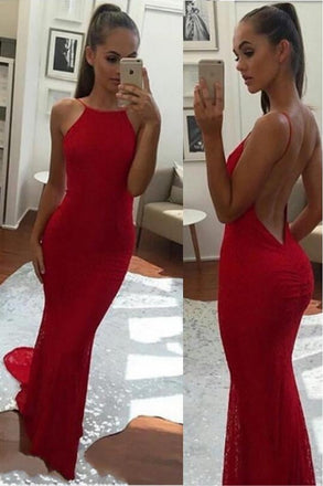 Simple Spaghetti Straps Backless Red Prom Dress,Long Mermaid Formal Dresses INI38