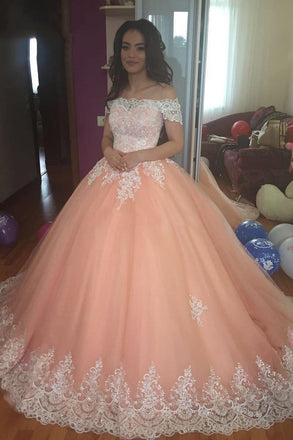 Off the Shoulder Lace Appliques Ball Gown Cheap Prom Dresses,Quinceanera Dresses INH96