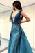 A-Line Deep V-Neck Lace Blue Floor Length Prom Dresses INF49
