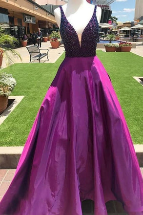Purple A Line Beading V Neck Prom Gown With Pockets Cheap Formal Evening Dress INI65