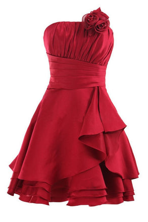 Strapless Red A Line Pleats Short Prom Dress With Flowers, Homecoming Dress ING87
