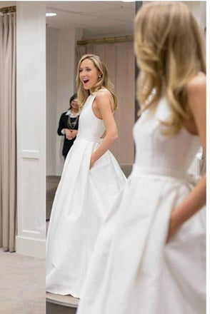 Simple Satin Jewel A-line Long Bow-not Wedding Dresses With Pocket IND17