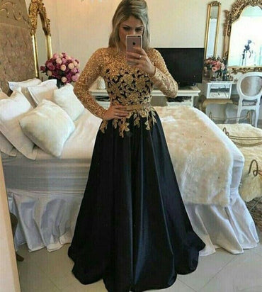 Modest Black And Gold Long A-line Long Sleeves Lace Prom Gowns,Evening Dresses INF14