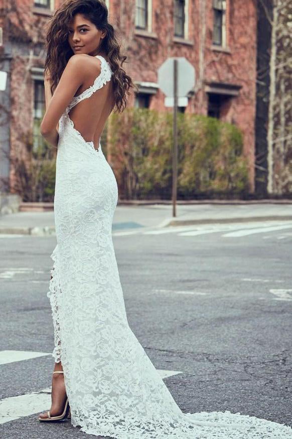 Sexy Mermaid High Neck Sleeveless Lace Backless Wedding Dress,Modest Bride Gowns INC49