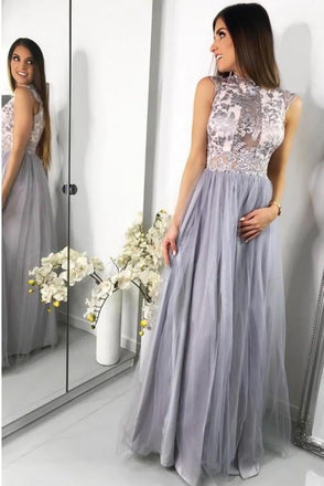 A-Line Jewel Floor-Length Tulle Prom Dress with Lace Appliques INF63