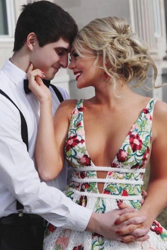 A Line V Neck Flower Appliques Prom Dresses, Long Evening Dresses ING76
