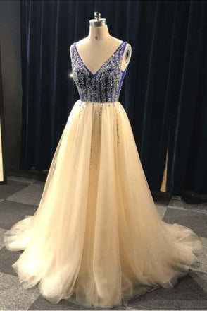 A Line V Neck Beading Tulle Long Prom Dress, Party Dresses INE84