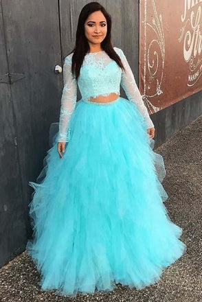 Full Sleeve Evening Dress, Two Piece Tulle Lace Top Prom Dress, Elegant Formal Dress INE90
