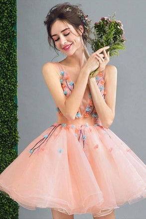 Peach Short A Line Lace Up Back Homecoming Dress With Flowers IND89