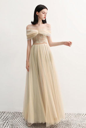 Charming Off the Shoulder A Line Tulle Long Prom Dresses With Beading ING70