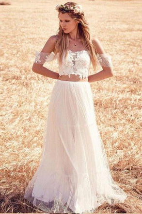 Two Piece Off the Shoulder Cheap Tulle Beach Wedding Dresses INC93