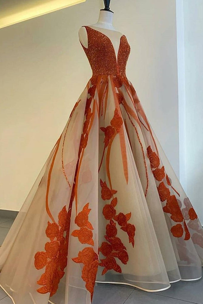 Charming A Line Long Appliques Prom Dress with Beading INK66