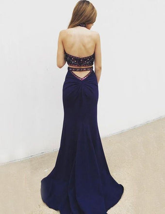 Sexy Two Piece Mermaid Halter Backless Navy Blue Long Prom Dress with Beading Embroidery IN501