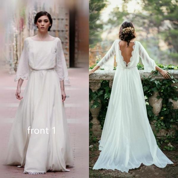 Sexy Ivory Lace 3/4 Long Sleeve Backless Summer Chiffon Plus Size Beach Wedding Dresses IN271