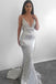 Modest Silver Mermaid Sequined Deep V Neck Backless Prom dresses,Evening Gowns IN907