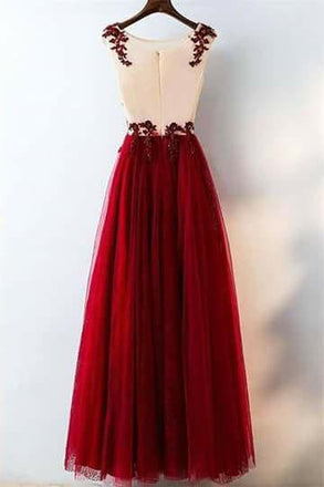 Charming Red A Line Long Tulle Lace Appliques Prom Dresses INC21