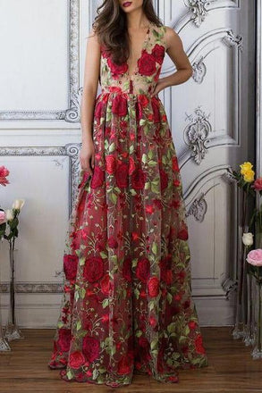 Red Floral Embroidery See Through Long Elegant Formal Prom Dresses ING89