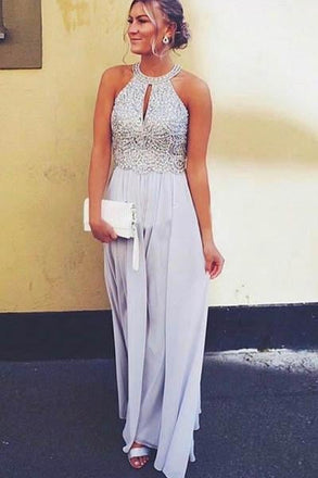 A Line Chiffon Beaded Sleeveless Long Open Back Prom Dresses INH25