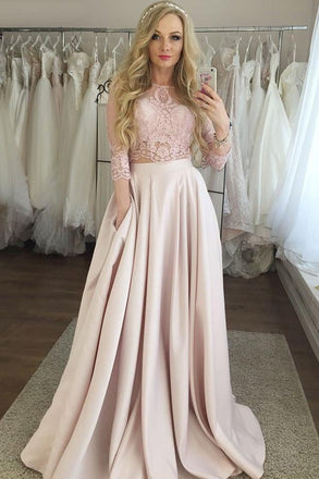Two Piece 3/4 Sleeves Floor-Length Pink Satin Prom Dress with Lace Pockets INI77