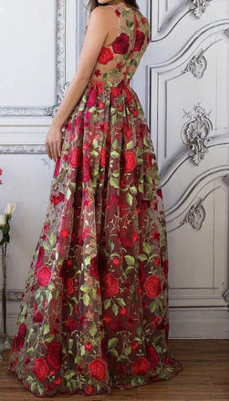 Red Floral Embroidery See Through Long Elegant Formal Prom Dresses ING89