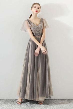 A Line Tulle Long Appliques Beaded Prom Dresses, Grey Formal Evening Dress ING72