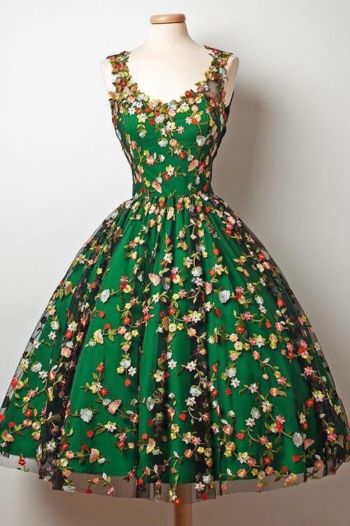 A-Line V-Neck Sleeveless Green Tulle Flower Lace Homecoming Dress IND93